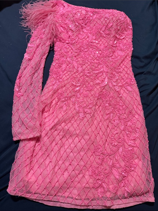 Sherri Hill Dresses & Skirts - Sherri Hill Neon Pink One-Shoulder Beaded Cocktail Dress with Feather Trim